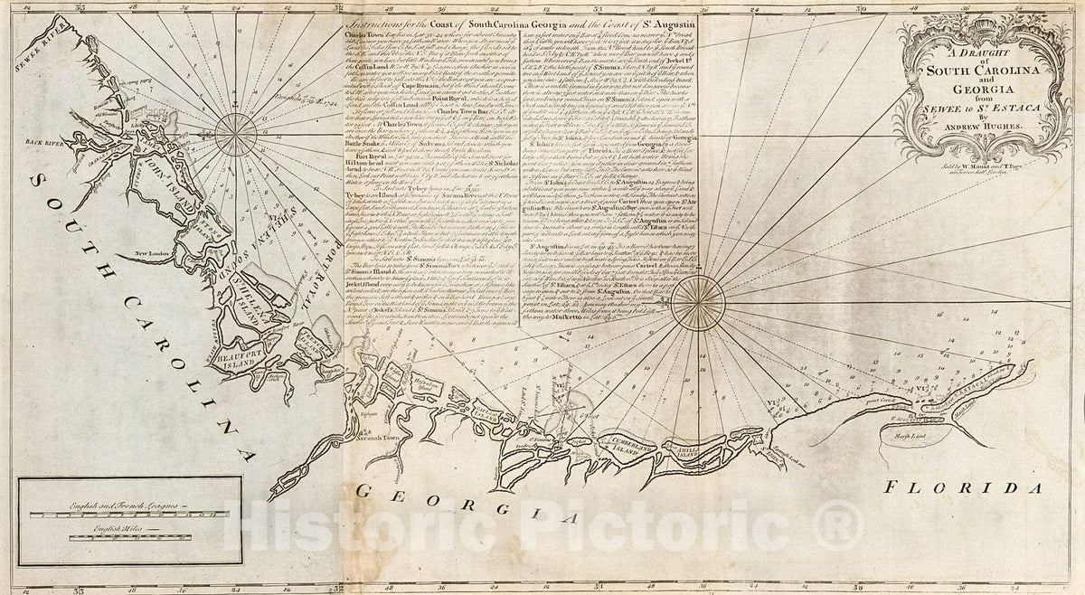Historic Map : Draught of South Carolina and Georgia from Sewee to St. Estaca., 1794, Vintage Wall Decor