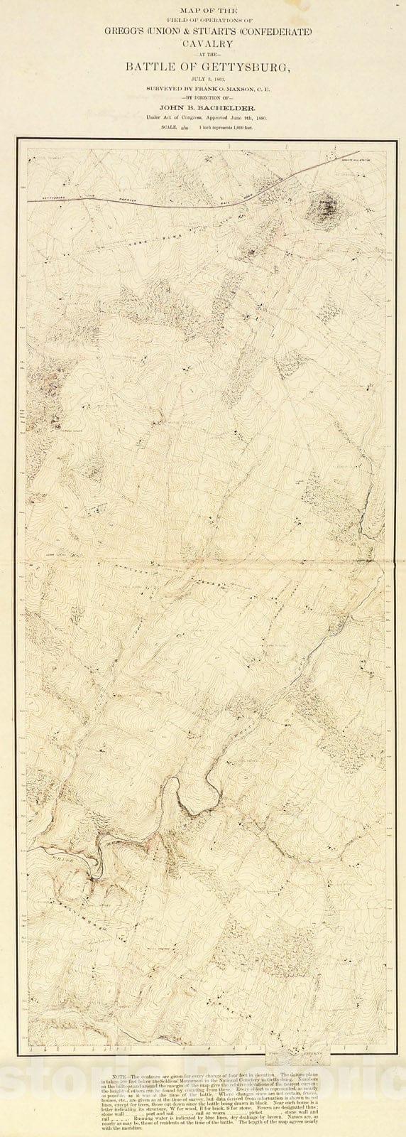 Historic Map : Field of Operations of Gregg's (Union) & Stuart's (Confederate) Cavalry at the Battle of Gettysburg, July 3, 1863., 1880, Vintage Wall Decor