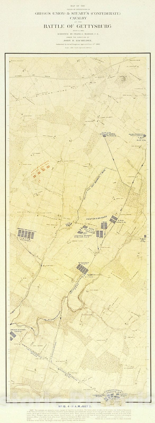 Historic Map : Gregg's (Union) & Stuart's (Confederate) Cavalry at the Battle of Gettysburg, 4-11 a.m., July 3, 1863., 1880, Vintage Wall Decor