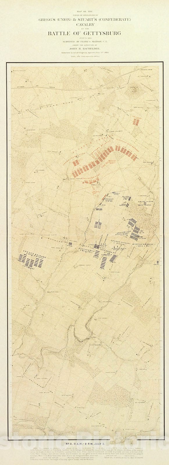 Historic Map : Gregg's (Union) & Stuart's (Confederate) Cavalry at the Battle of Gettysburg, eleven a.m. - two p.m., July 3, 1863., 1880, Vintage Wall Decor