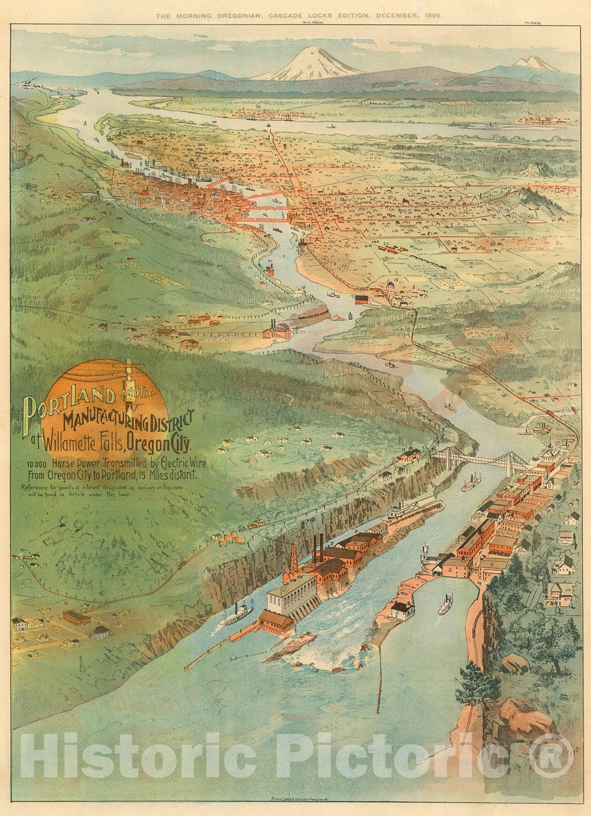 Historic Map : Portland and the Manufacturing District of Willamette Falls, Oregon City., 1896, Vintage Wall Decor