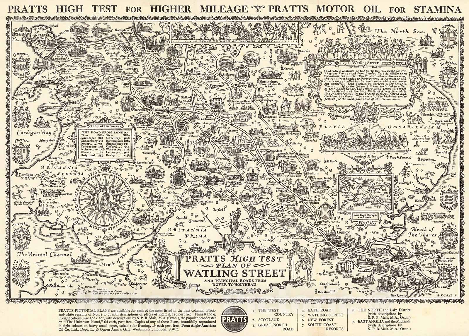 Historic Map : Pratts High Test Plan of Watling Street and Principal Roads from Dover to Holyhead., 1932, Vintage Wall Decor