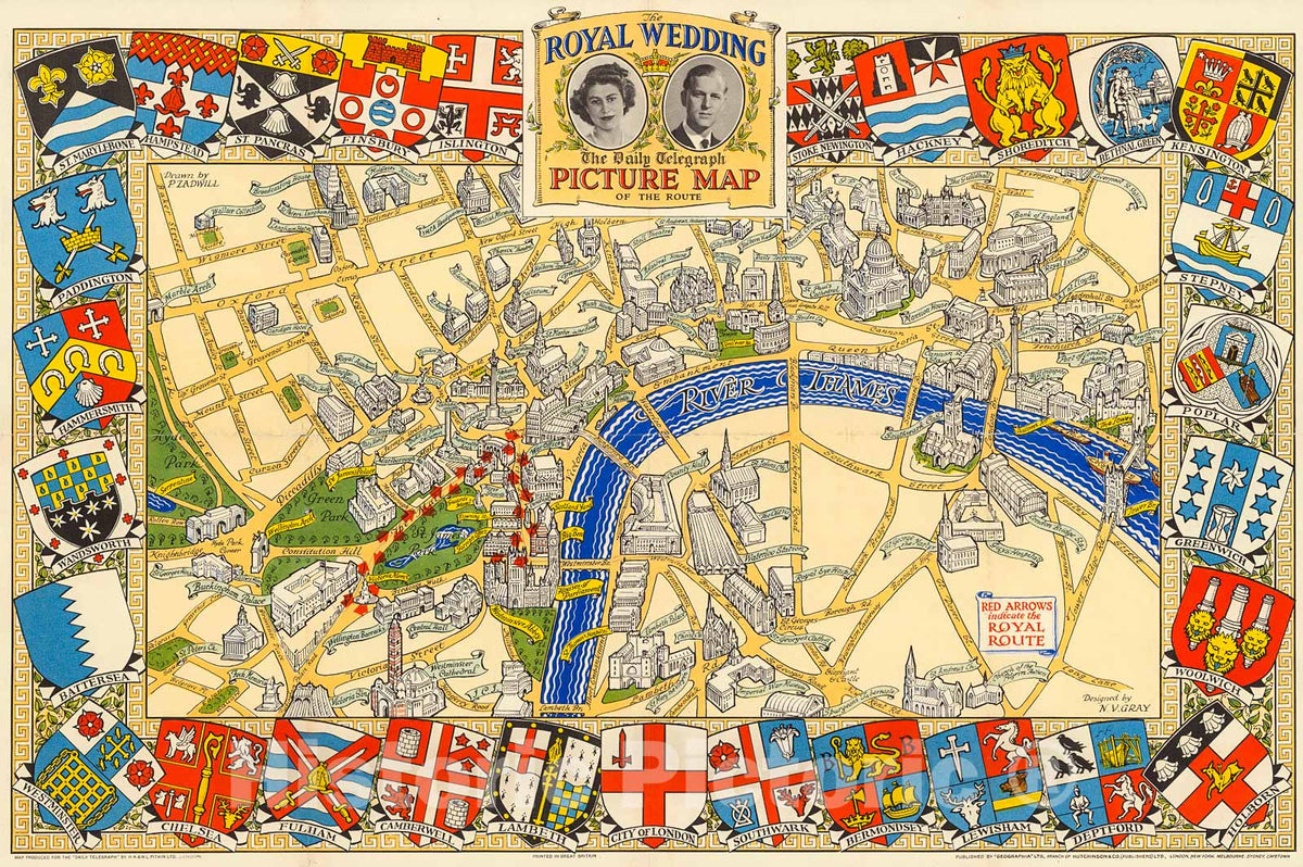 Historic Map : Royal Wedding. The Daily Telegraph Picture Map of the Route., 1947, Vintage Wall Decor