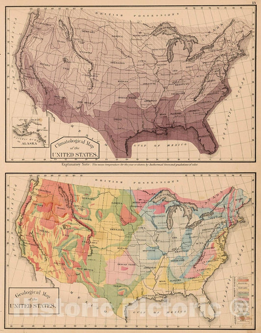 Historic Map : Climatological and Geological Maps of the United States., 1876, Vintage Wall Decor