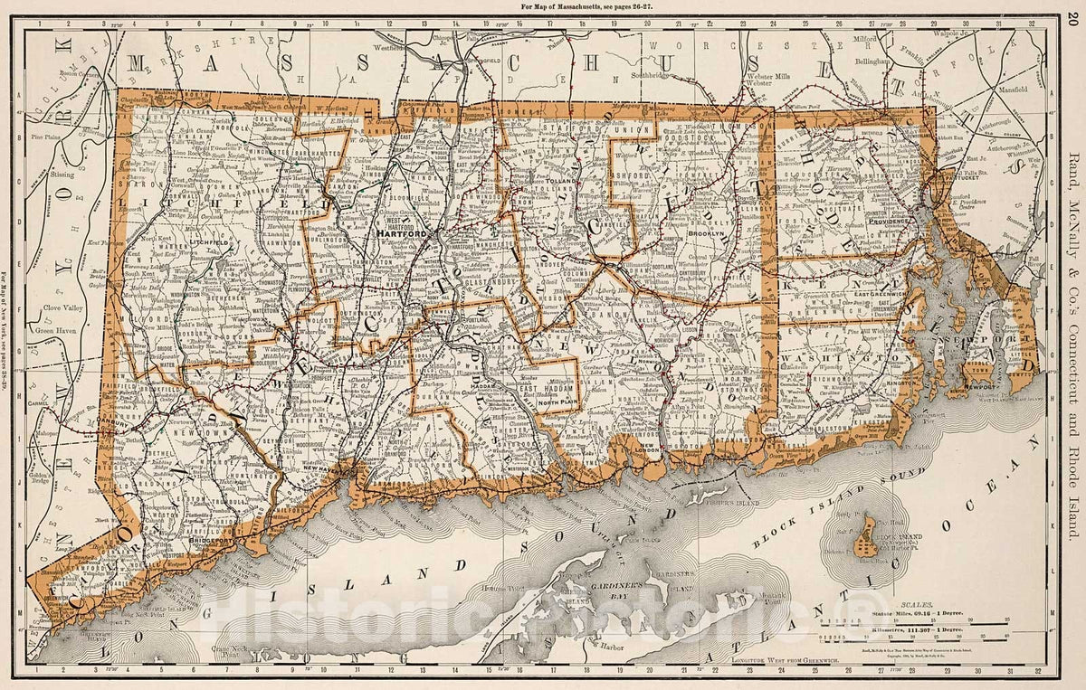 Historic Map : Connecticut. Rhode Island., 1894, Vintage Wall Decor