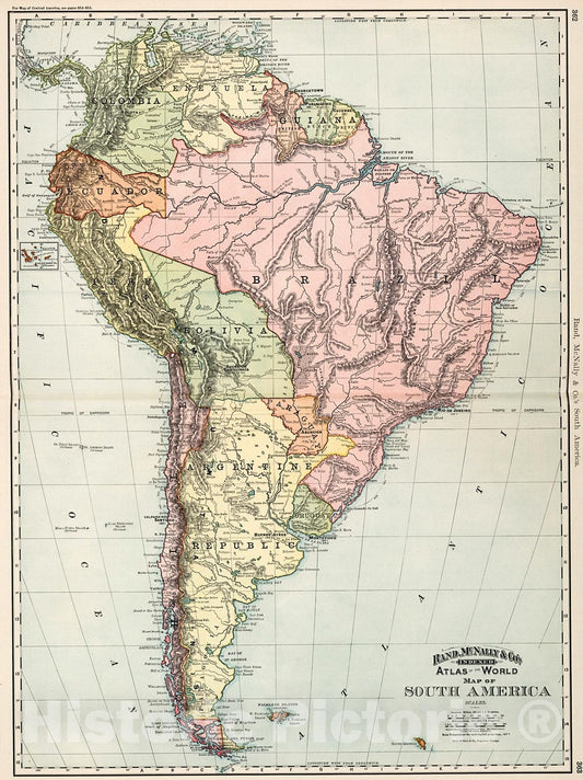 Historic Map : South America., 1894, Vintage Wall Decor