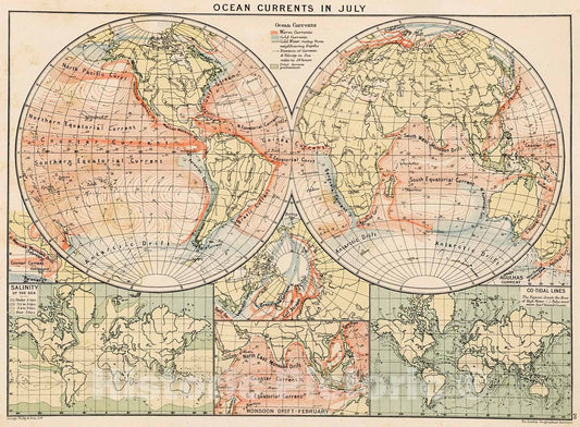 Historic Map : Ocean currents in July, 1905, Vintage Wall Decor