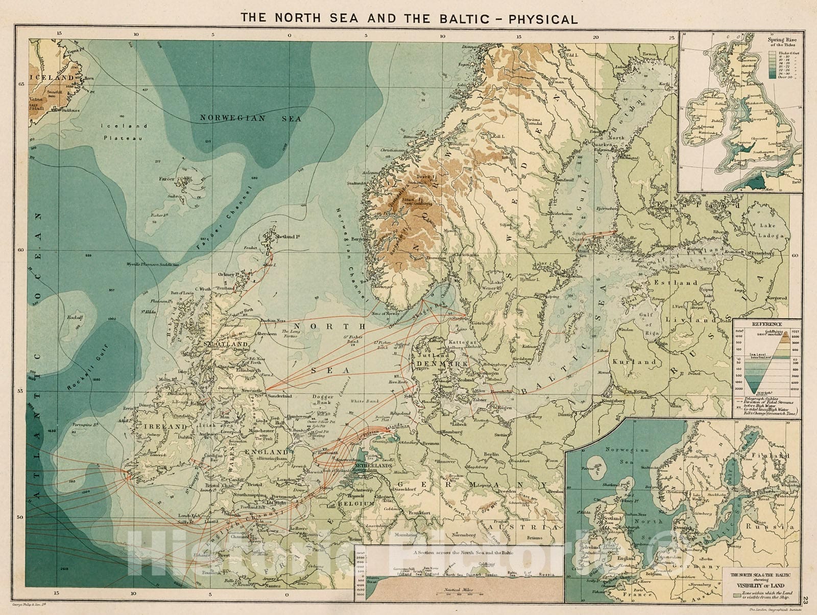 Historic Map : The North Sea and the Baltic - Physical, 1905, Vintage Wall Decor