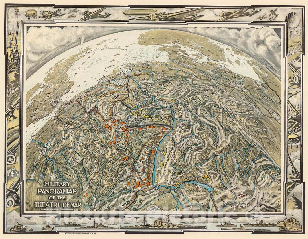 Historic Map : Military Panoramap of the Theatre of War, 1940, Vintage Wall Decor
