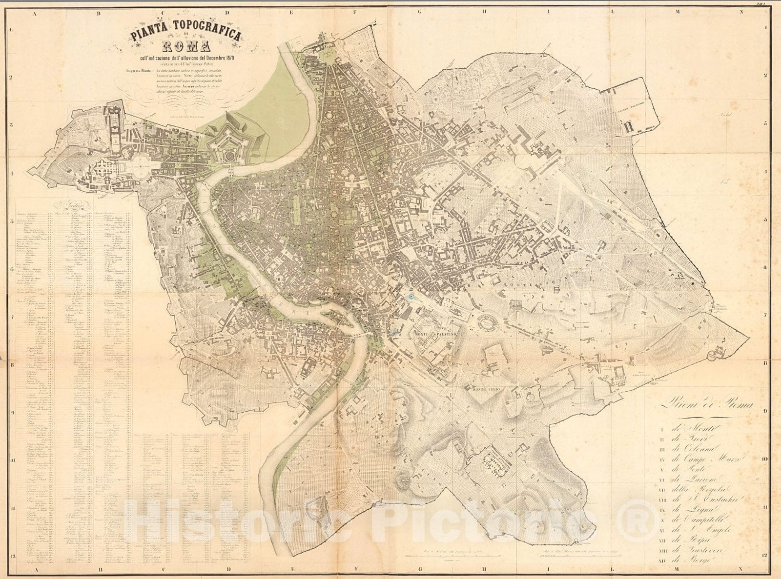 Historic Map : Pianta topografica di Roma coll' indicazione dell' alluvione del Decembre 1870., 1870, Vintage Wall Decor