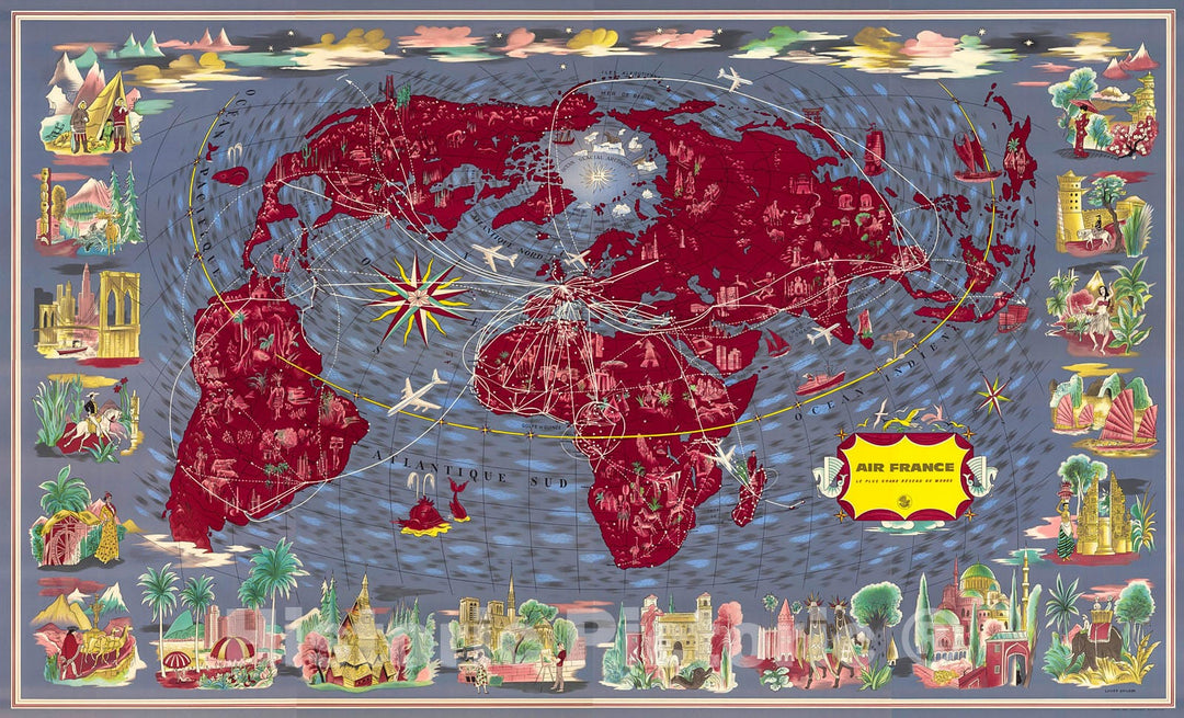 Historic Map : Sheets 1-8: Air France, Le Plus Grand Reseau du Monde., 1961, Vintage Wall Decor