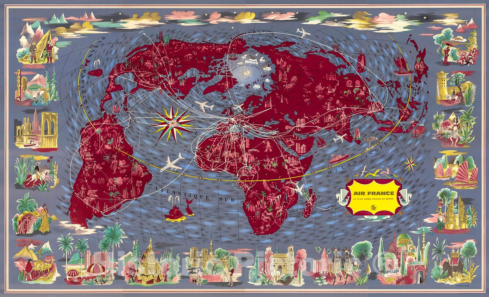 Historic Map : Sheets 1-8: Air France, Le Plus Grand Reseau du Monde., 1961, Vintage Wall Decor
