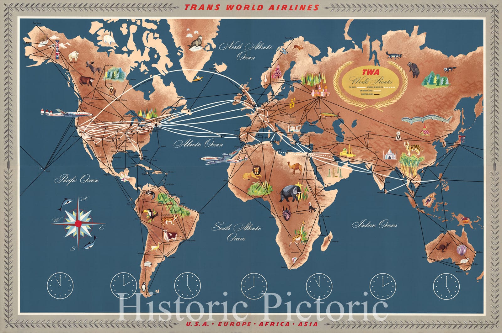 Historic Map : Trans World Airlines. TWA World Routes. U.S.A. ? Europe ? Africa ? Asia., 1958, Vintage Wall Decor
