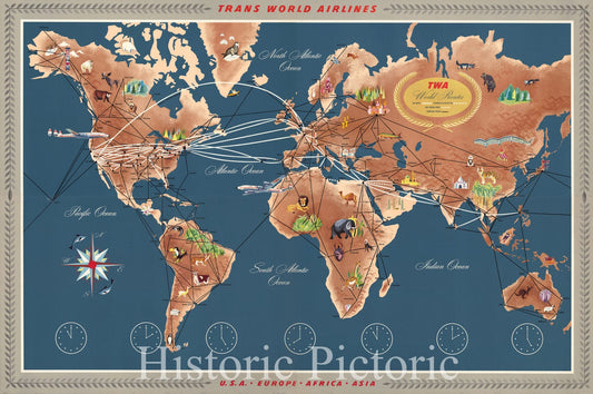 Historic Map : Trans World Airlines. TWA World Routes. U.S.A. ? Europe ? Africa ? Asia., 1958, Vintage Wall Decor