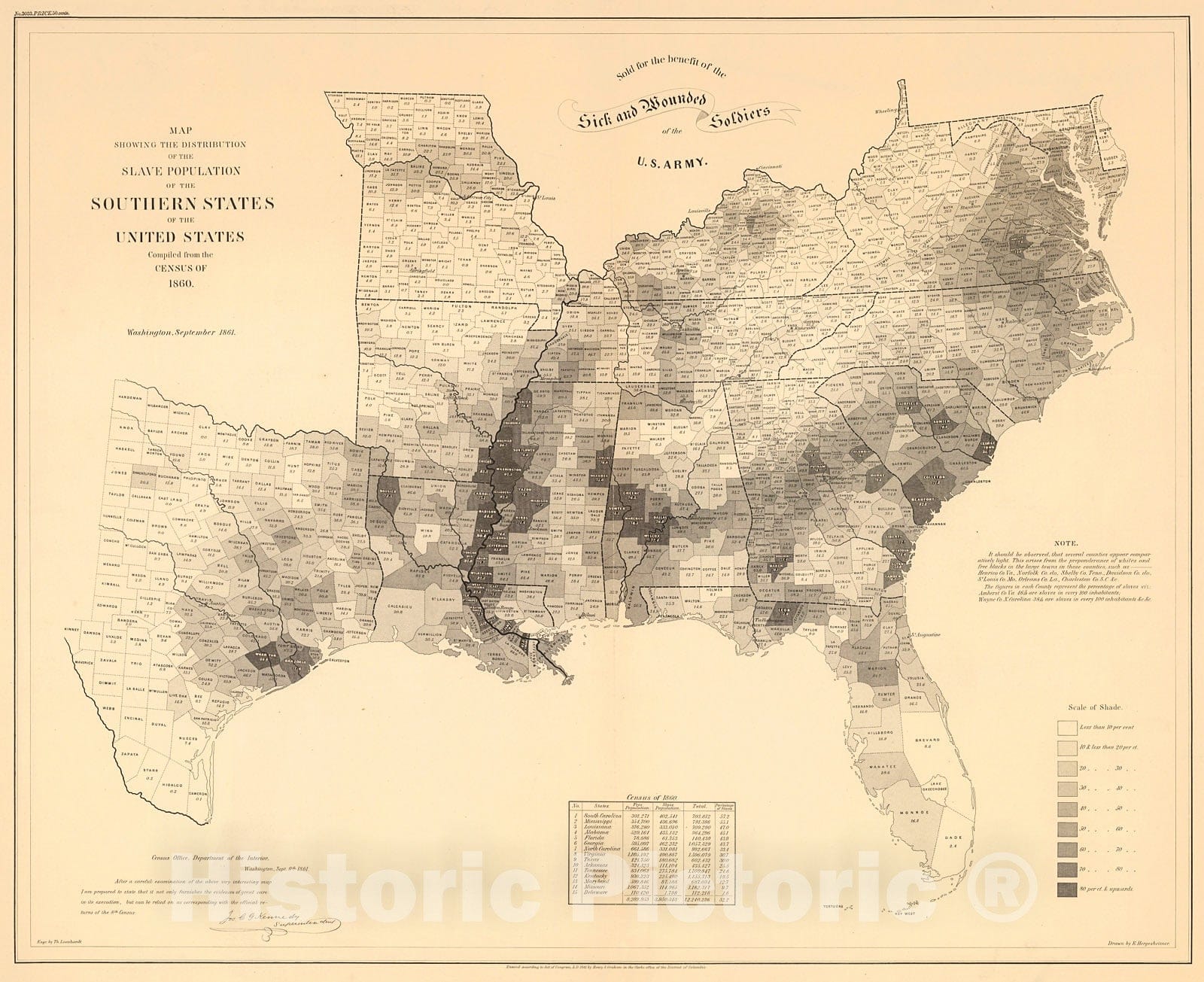 Historic Map : Map Showing The Distribution Of The Slave Population Of The Southern States, 1861, Vintage Wall Decor