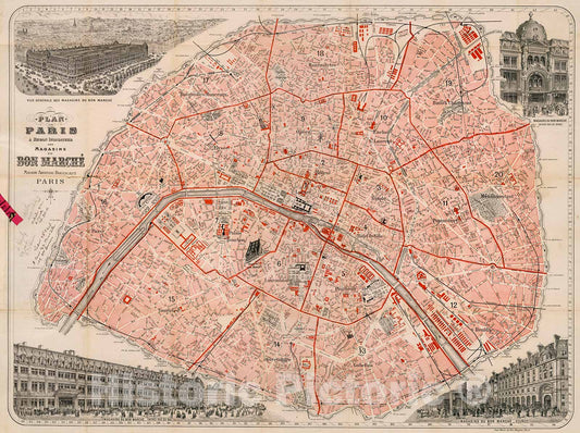 Historic Map : Plan de Paris a? ruban indicateur des magasins du Bon-Marche?, 1892, Vintage Wall Decor