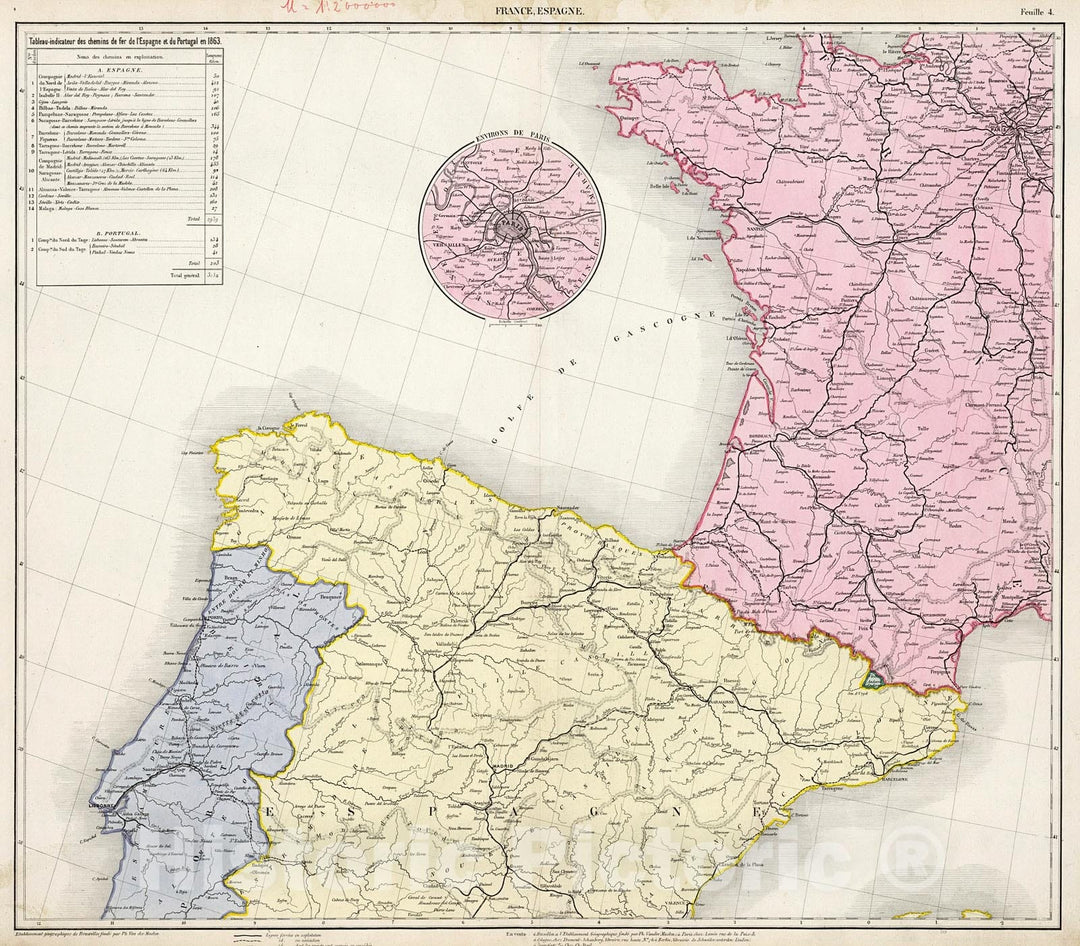 Historic Map : France, Espagne, 1863, Vintage Wall Decor