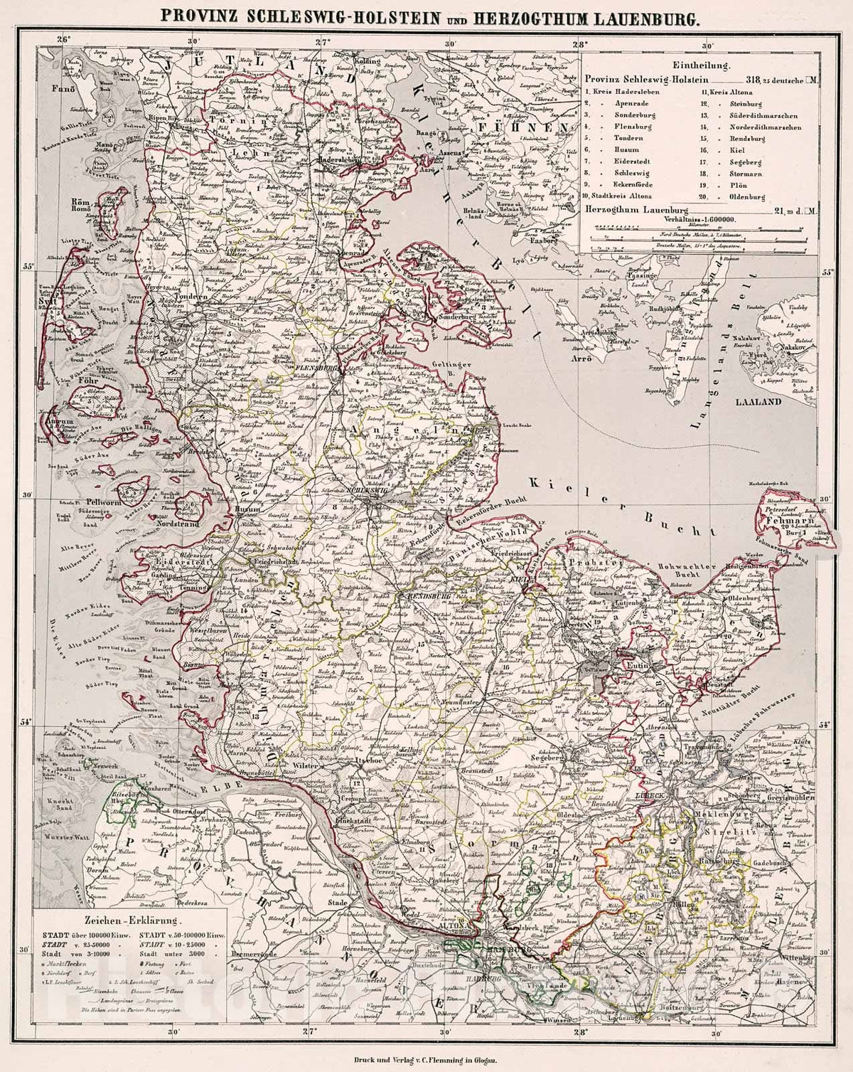 Historic Map : Provinz Schleswig Holstein und Herzogthum Lauenburg, 1875, Vintage Wall Decor