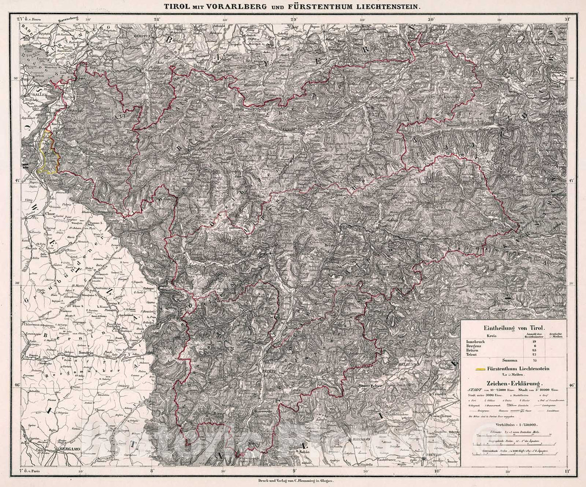 Historic Map : Tirol mit Vorarlberg und Furstenthum Liechtenstein, 1875, Vintage Wall Decor