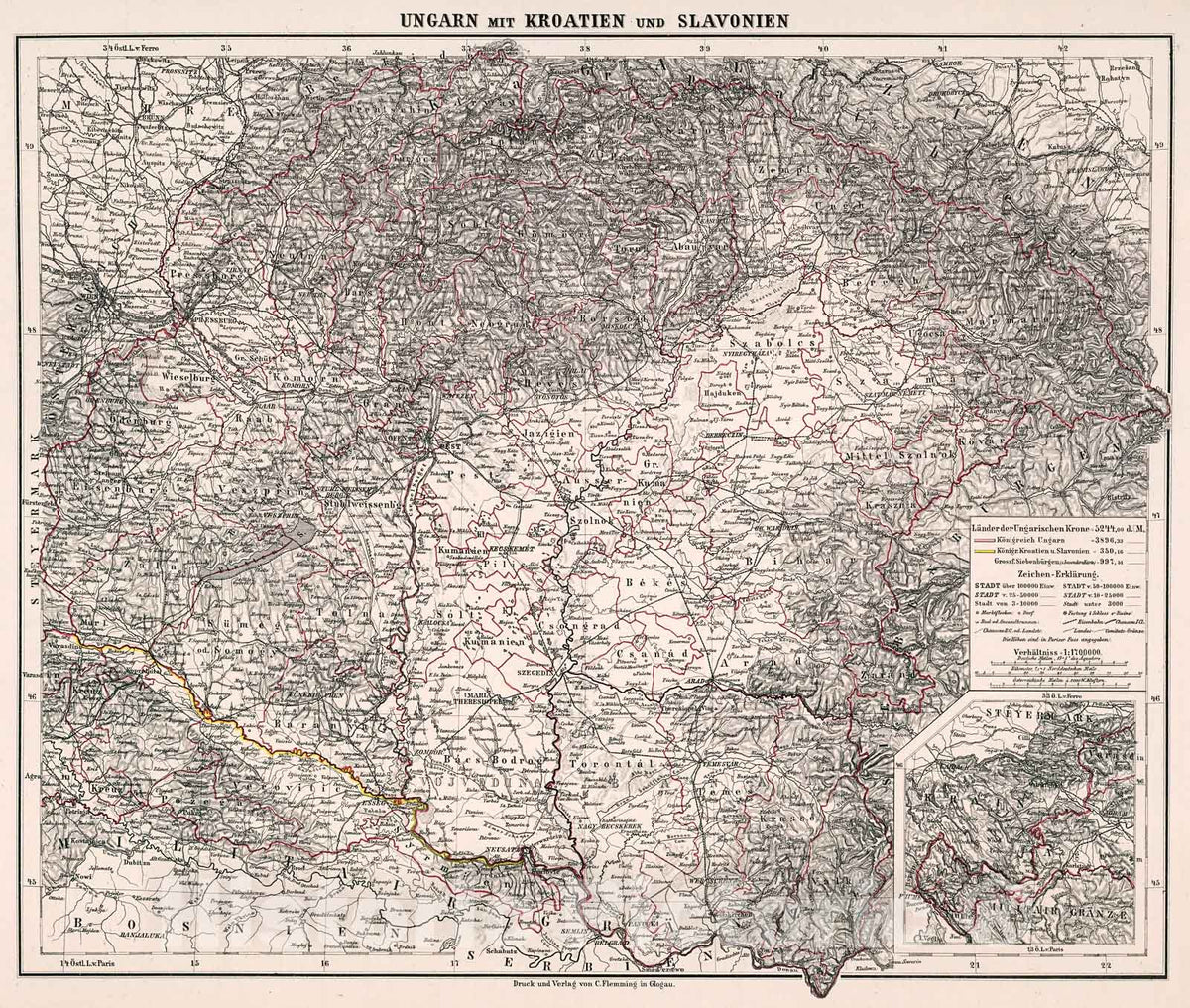 Historic Map : Ungarn mit Kroatien und Slavonien, 1875, Vintage Wall Decor