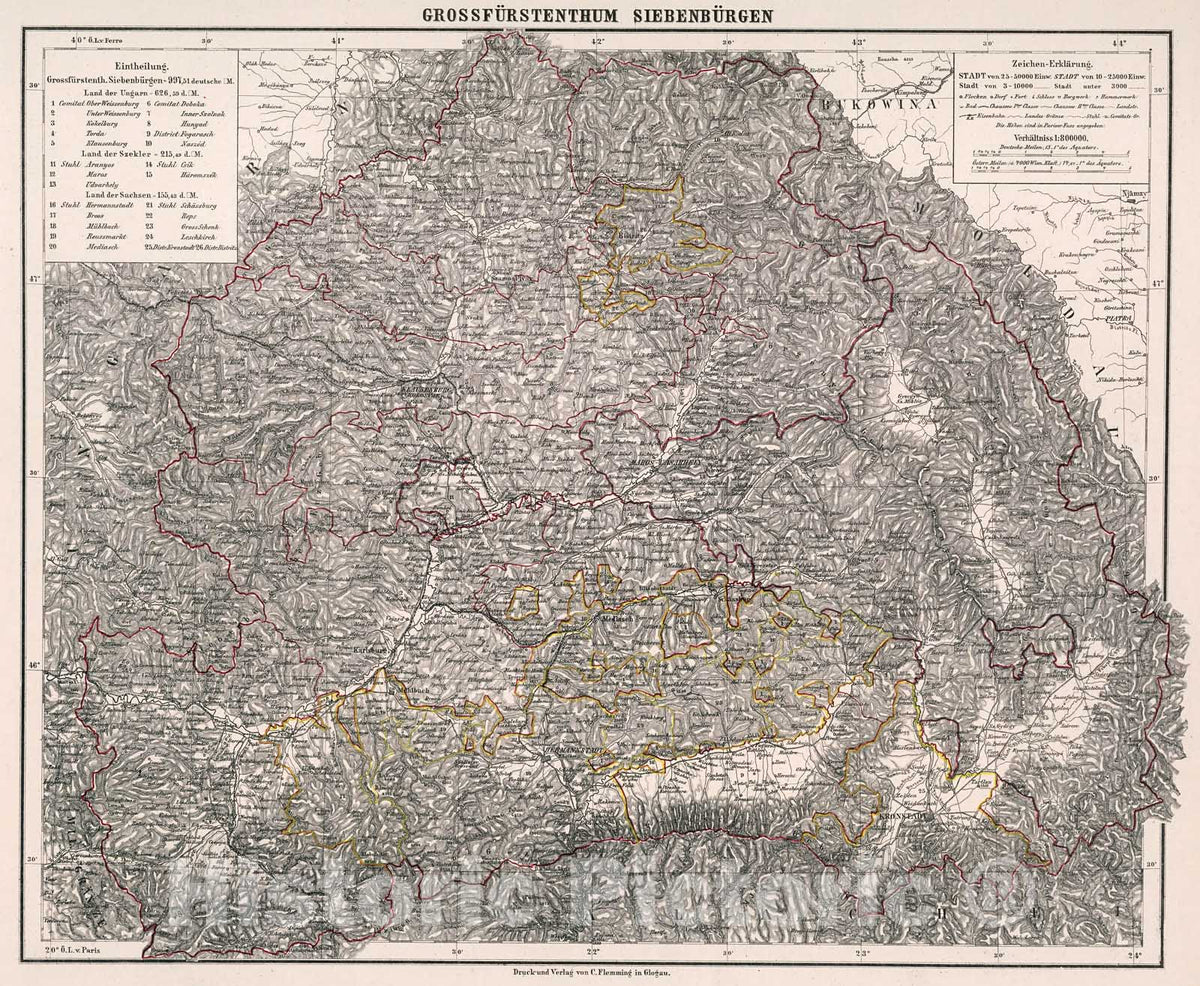 Historic Map : Grossfurstenthum Siebenburgen, 1875, Vintage Wall Decor