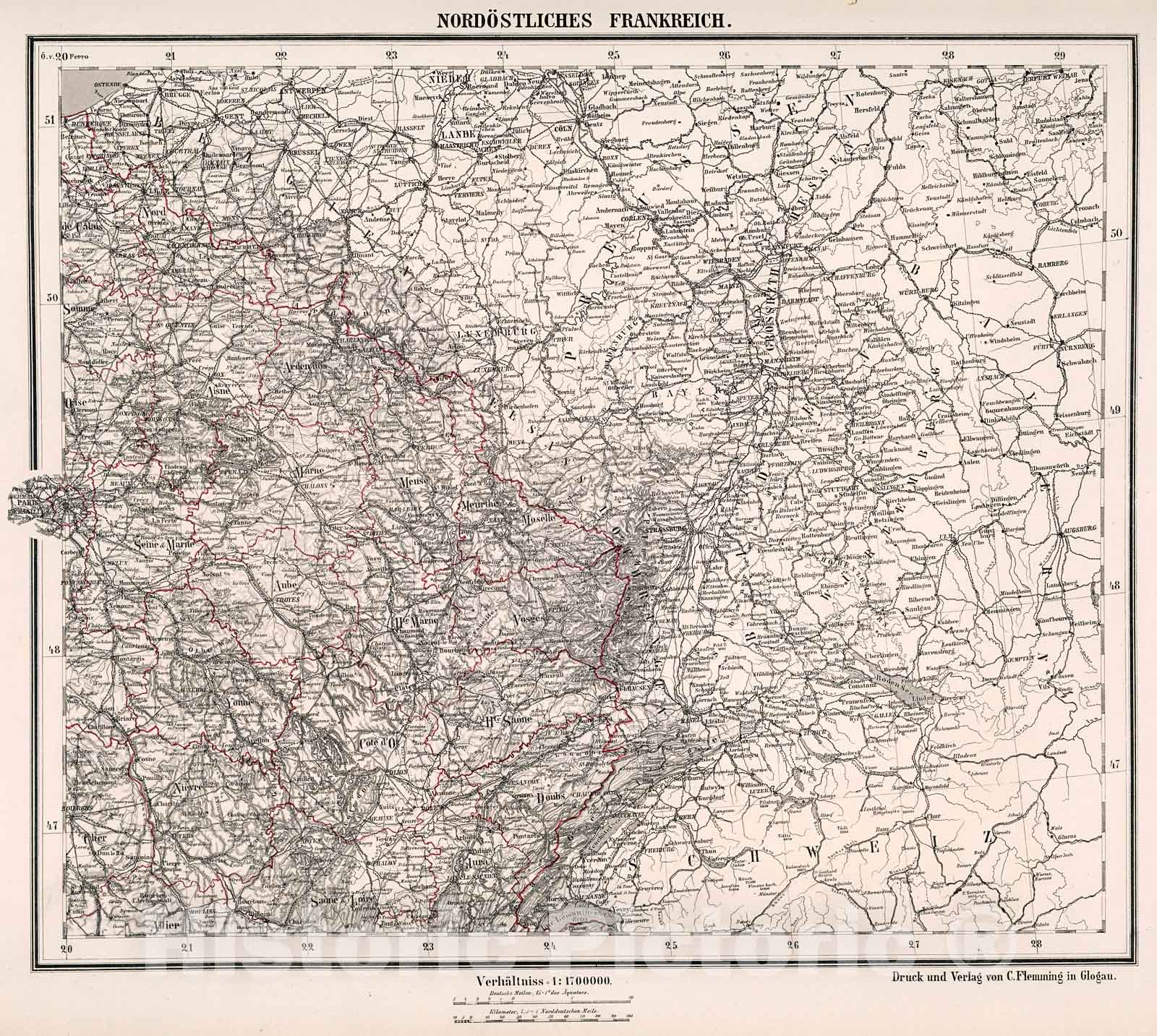 Historic Map : Nordostliches Frankreich, 1875, Vintage Wall Decor