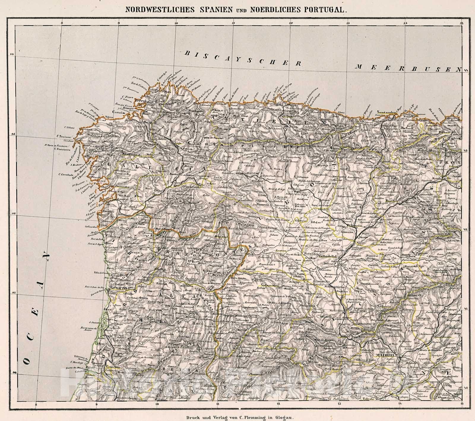 Historic Map : Nordwestliches Spanien und Nordliches Portugal, 1875, Vintage Wall Decor