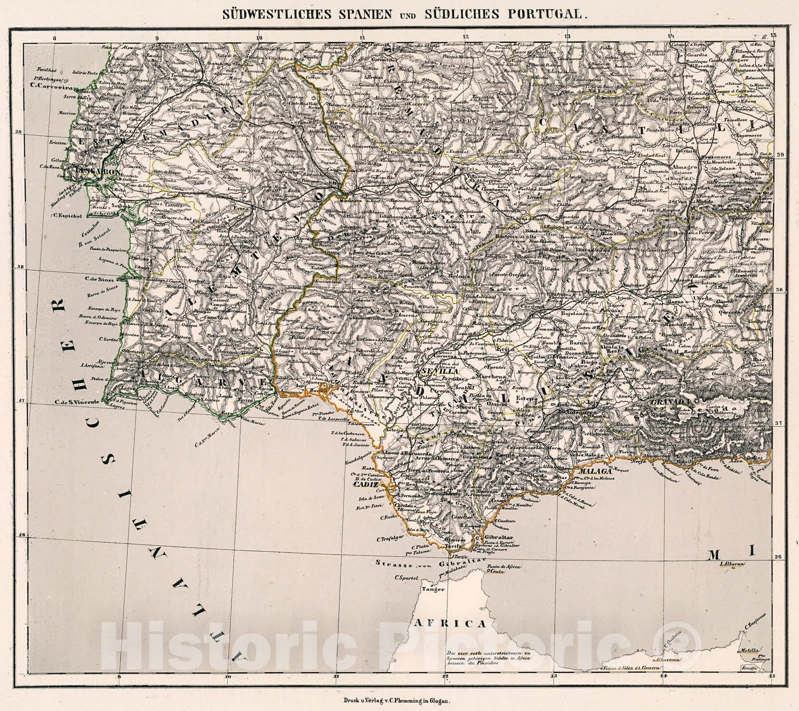 Historic Map : Sudwestliches Spanien und Sudostliches Portugal, 1875, Vintage Wall Decor