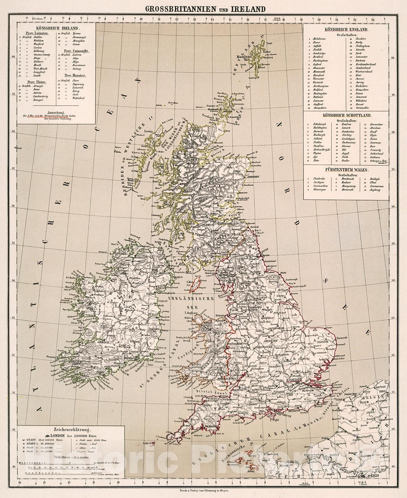 Historic Map : Grossbritannien und Ireland, 1875, Vintage Wall Decor
