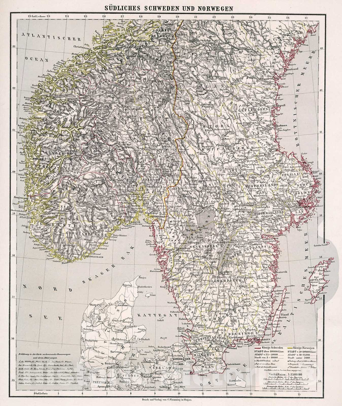 Historic Map : Sudliches Schweden und Norwegen, 1875, Vintage Wall Decor