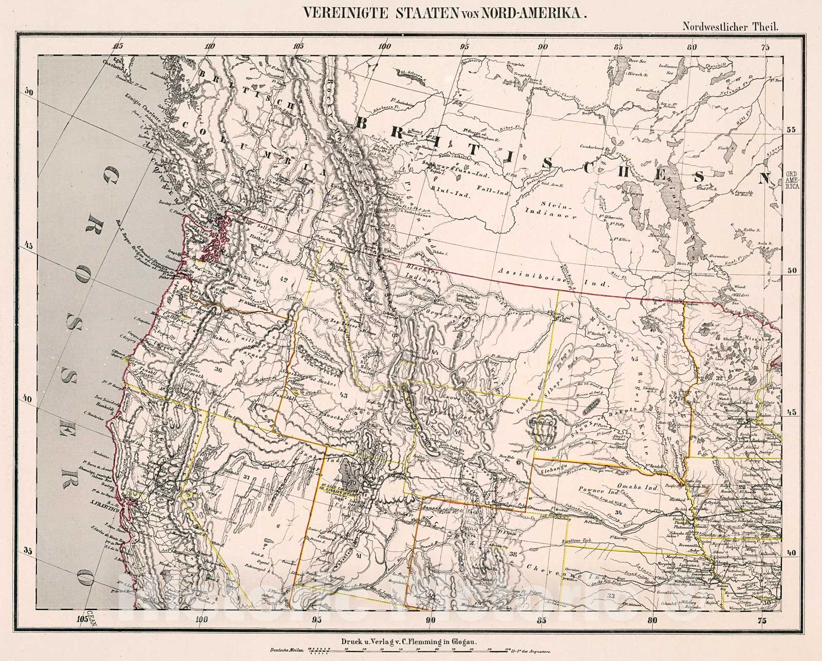 Historic Map : Vereinigte Staaten von Nordamerika. Nordwestlicher Teil, 1875, Vintage Wall Decor