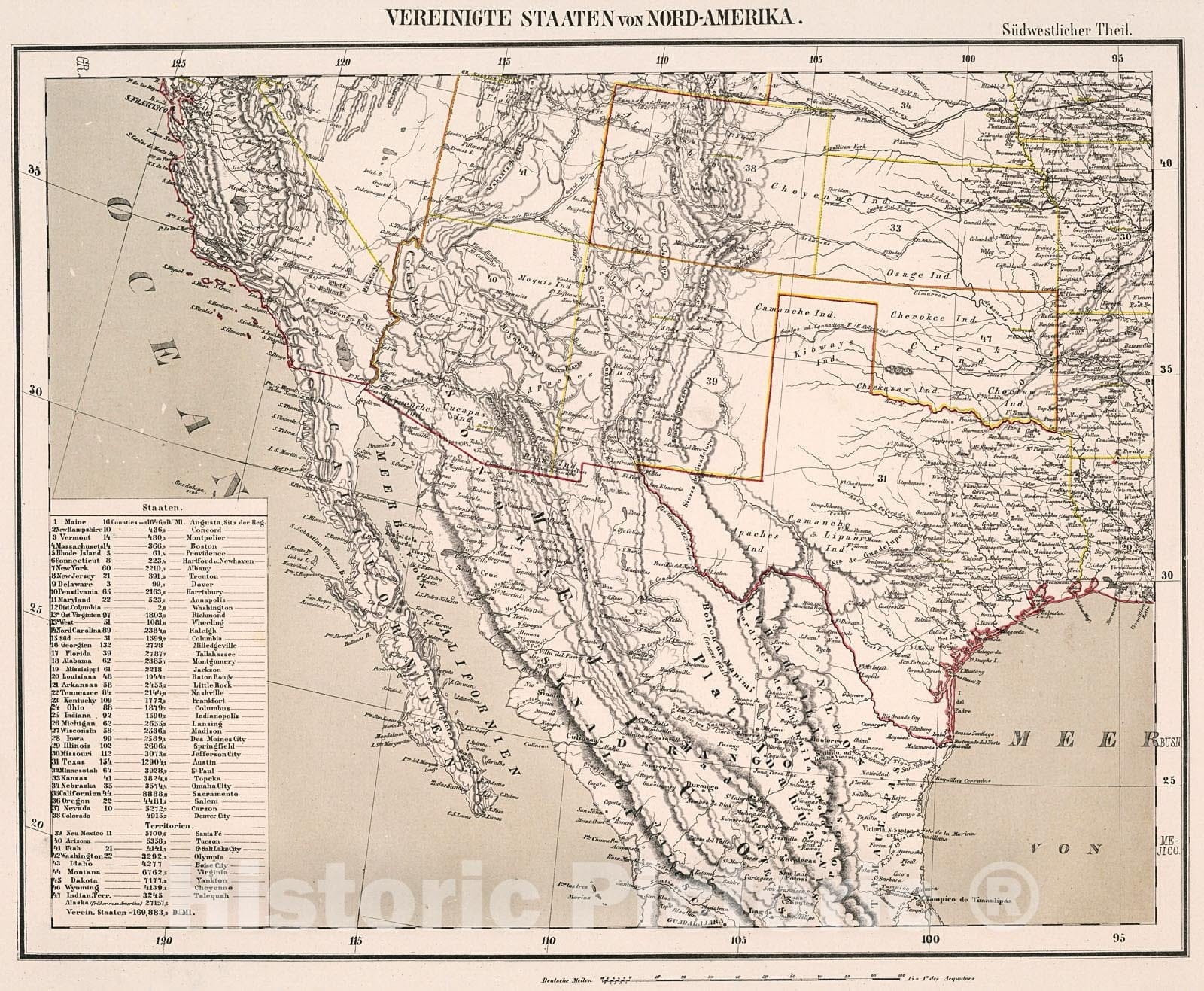 Historic Map : Vereinigte Staaten von Nordamerika. Sudwestlicher Teil, 1875, Vintage Wall Decor