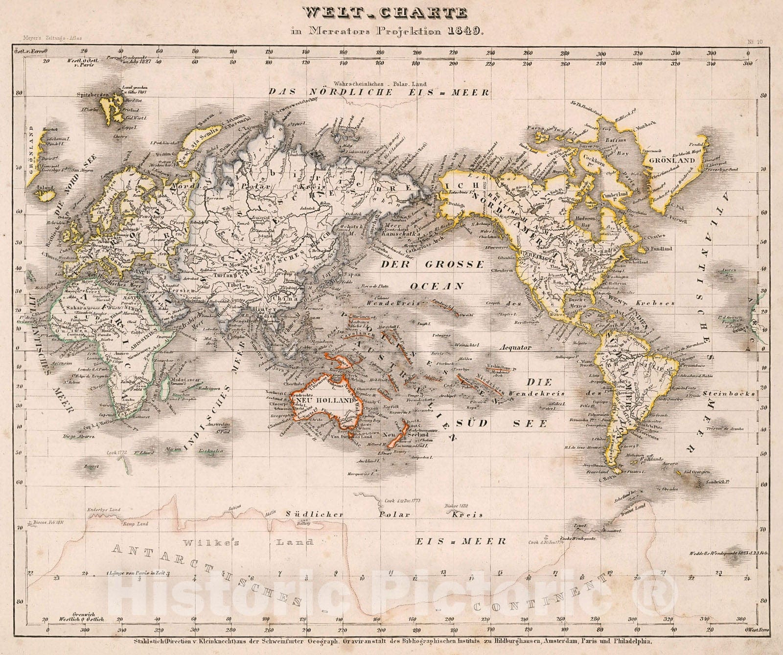 Historic Map : Welt - Charte in Mercators Projektion 1849, 1852, Vintage Wall Decor