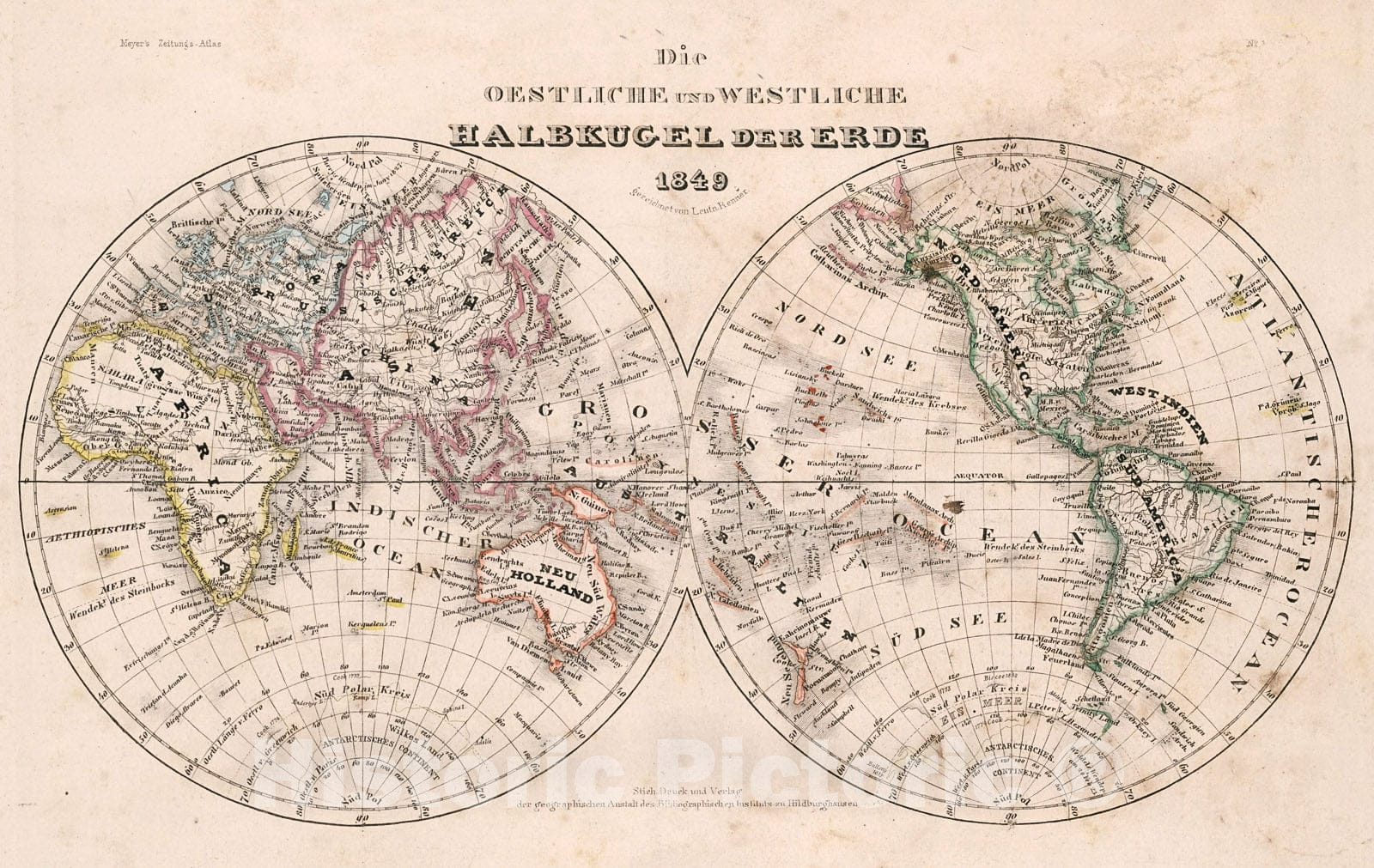 Historic Map : Die Oestliche und Westliche Halbkugel der Erde 1849, 1852, Vintage Wall Decor