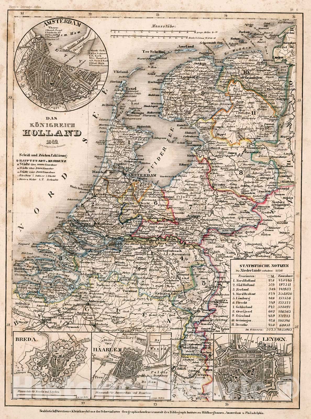 Historic Map : Das Konigreich Holland 1849, 1852, Vintage Wall Decor