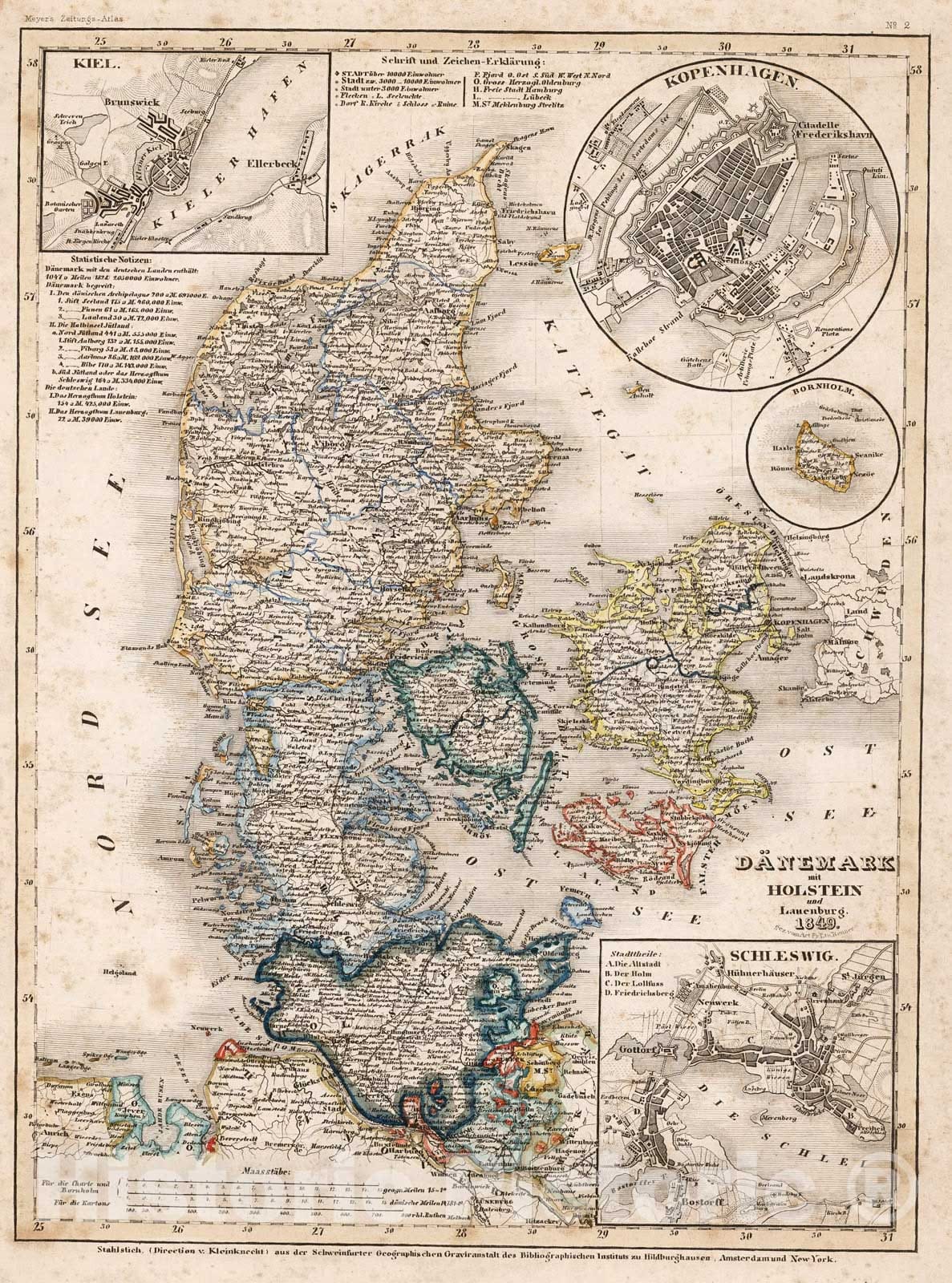 Historic Map : Danemark mit Holstein und Luenburg 1849, 1852, Vintage Wall Decor
