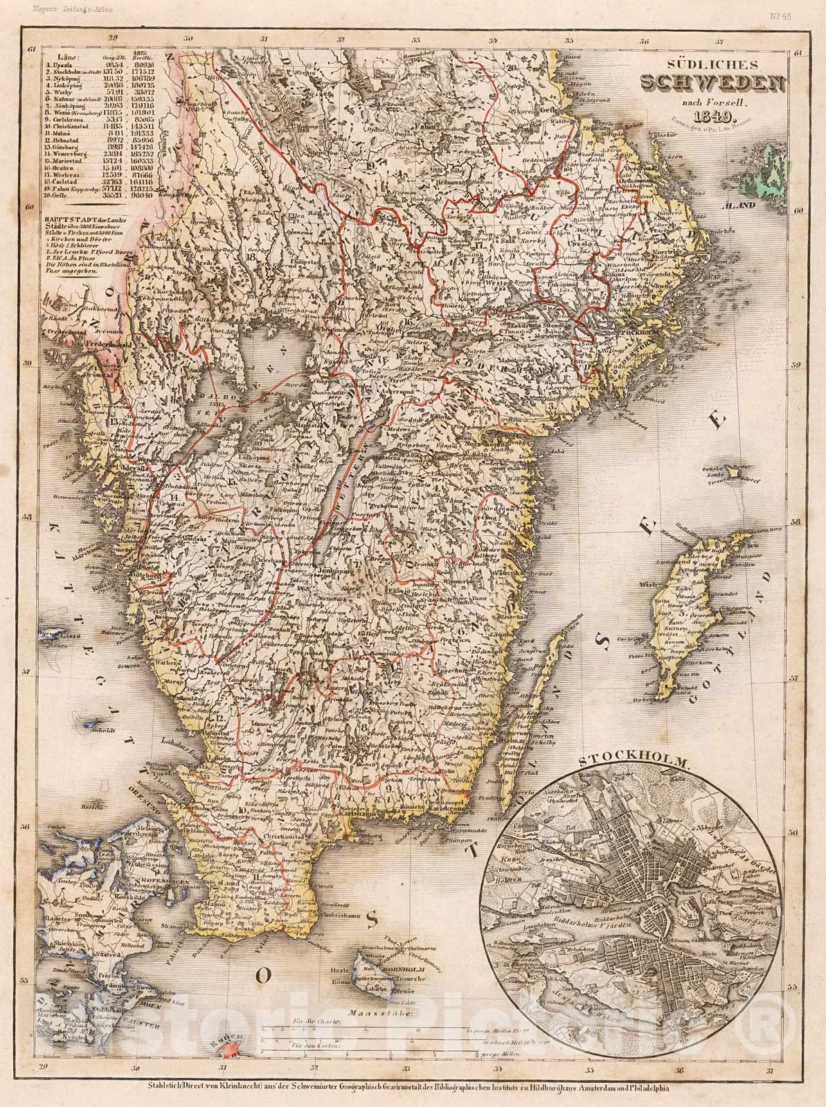 Historic Map : Sudliches Schweden nach Forsell, 1849, 1852, Vintage Wall Decor