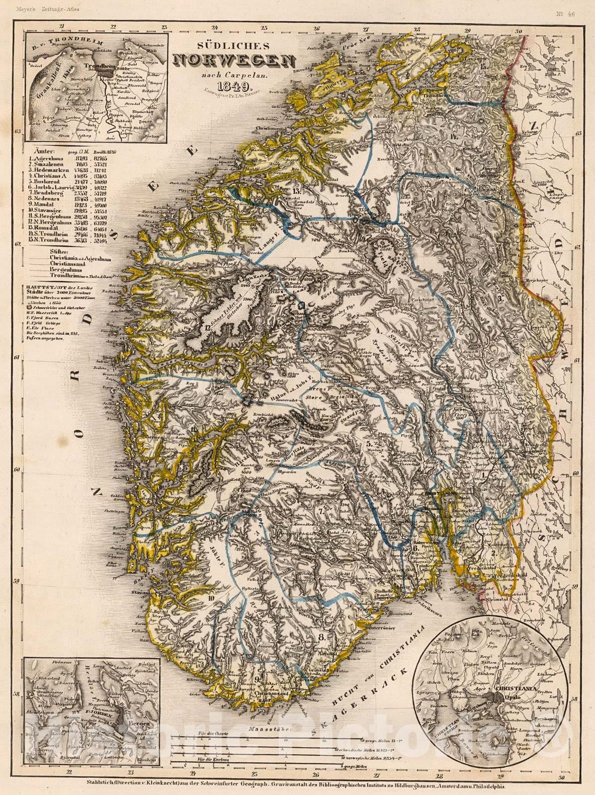 Historic Map : Sudliches Norwegen nach Carpelan, 1849, 1852, Vintage Wall Decor