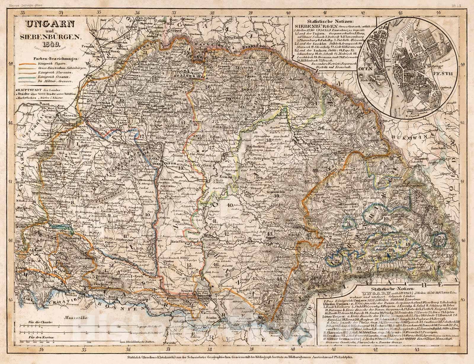 Historic Map : Ungarn und Siebenburgen.1849, 1852, Vintage Wall Decor