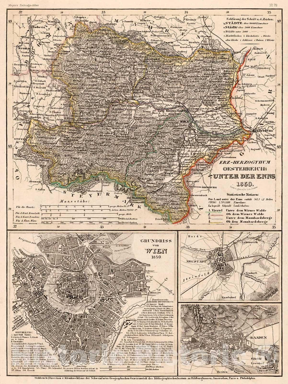 Historic Map : Erz-Herzogthum Oesterreich: Unter der Enns 1850, 1852, Vintage Wall Decor