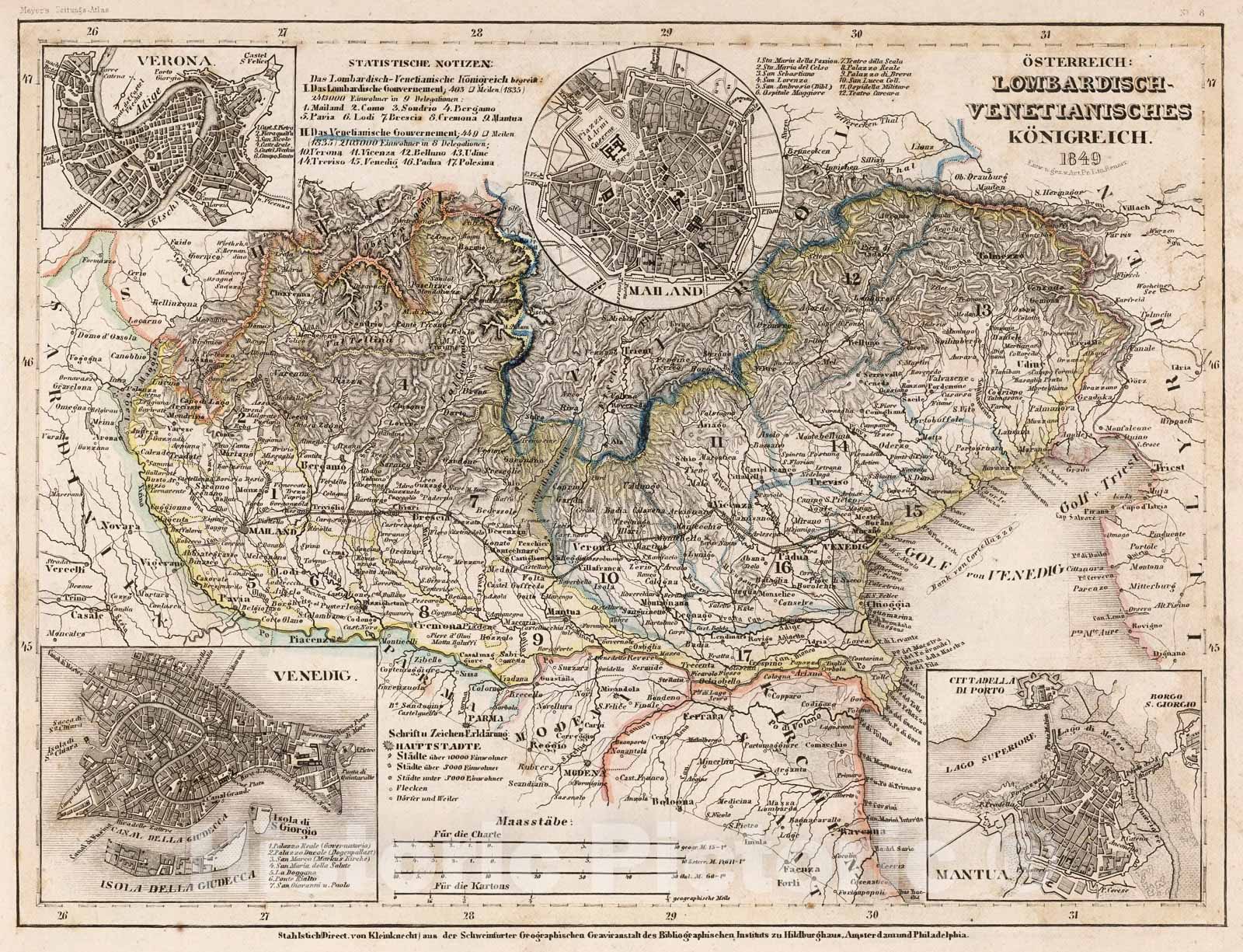 Historic Map : Osterreich: Lombardisch-Venetianisches Konigreich. 1849, 1852, Vintage Wall Decor