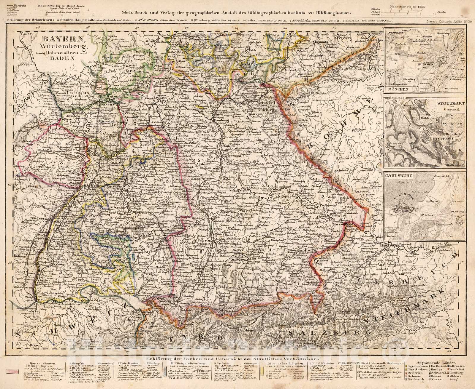 Historic Map : Bayern, Wurtemberg, beyde Hohenzollern und Baden, 1852, Vintage Wall Decor