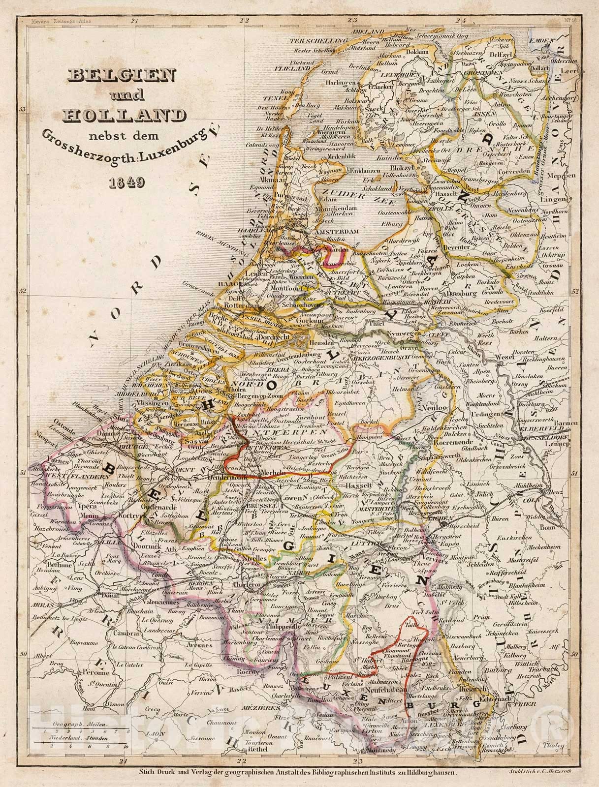 Historic Map : Belgien und Holland nebst dem Grossherzogth : Luxemburg 1849, 1852, Vintage Wall Decor