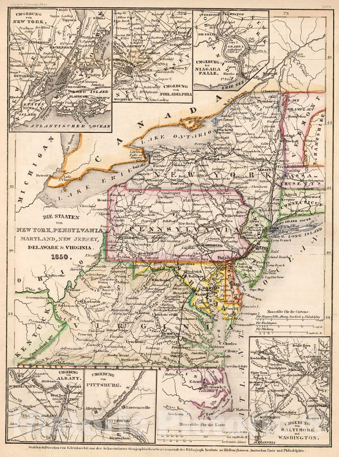 Historic Map : Die Staaten von New York, Pennsylvania, Maryland, New Jersey, Delaware & Virginia 1850, 1852, Vintage Wall Decor