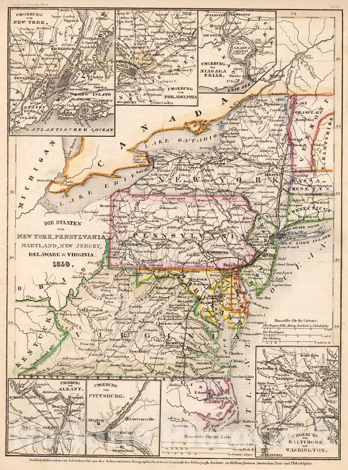 Historic Map : Die Staaten von New York, Pennsylvania, Maryland, New Jersey, Delaware & Virginia 1850, 1852, Vintage Wall Decor