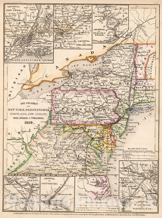 Historic Map : Die Staaten von New York, Pennsylvania, Maryland, New Jersey, Delaware & Virginia 1850, 1852, Vintage Wall Decor
