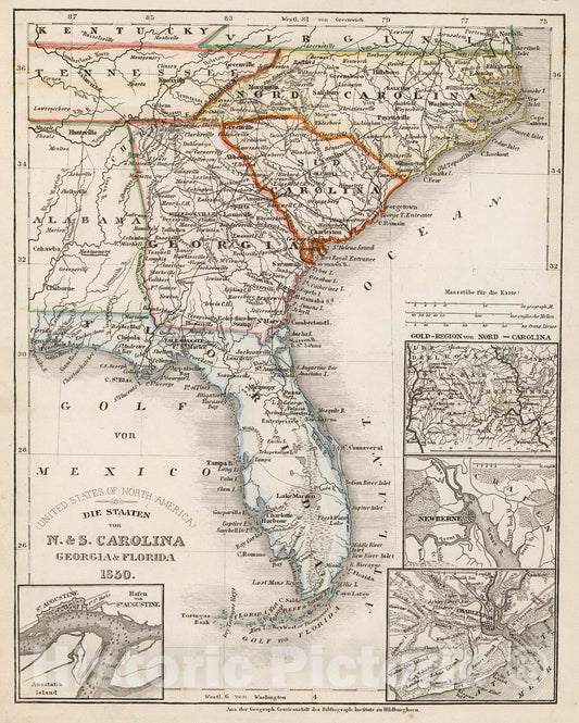 Historic Map : Die staaten von N. & S. Carolina, Georgia & Florida 1850, 1852, Vintage Wall Decor