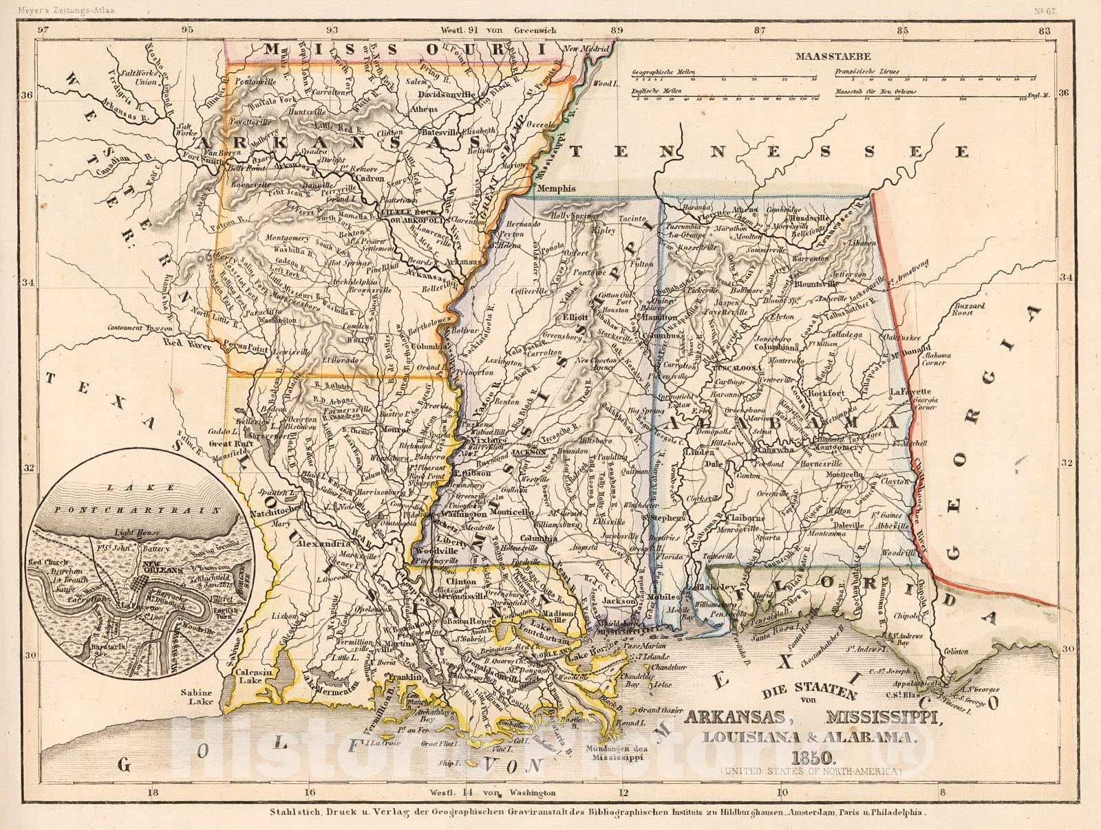 Historic Map : Die Staaten von Arkansas, Mississippi, Louisiana, & Alabama. 1850, 1852, Vintage Wall Decor