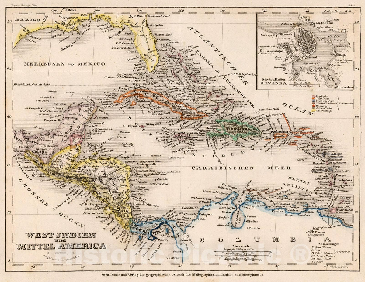Historic Map : West Jndien und Mittel America, 1852, Vintage Wall Decor