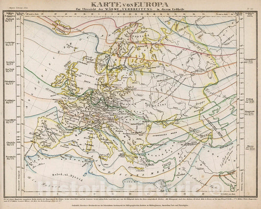 Historic Map : Karte Von Europa : Zur Ubersicht der Warme-Verbreitung in diesem Erdtheile, 1852, Vintage Wall Decor